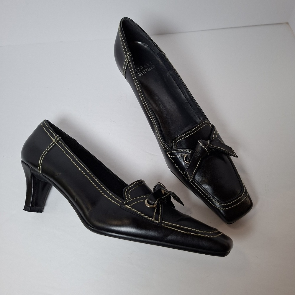 Vintage Stuart Weitzman 90s Square Toe Heels 6 N Spain Patent Bow Thick Stitch